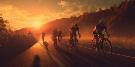 A group of cyclists at sunsetの素材
