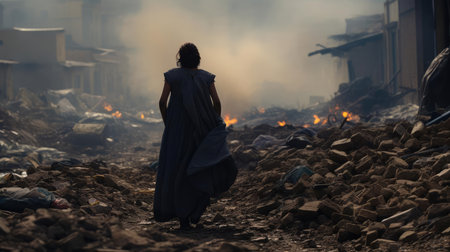A woman walks through the ruins of the cityの素材