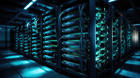 Server racks with equipment and wiresの素材