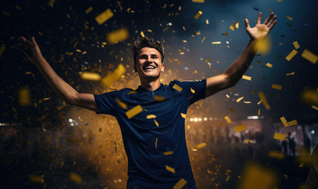 The Soccer player happily raised his hands upの素材