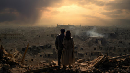 People on the street of a city destroyed by the elementsの素材