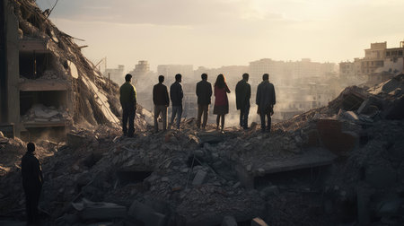 People on the street of a city destroyed by the elementsの素材