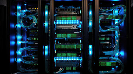 Server racks with equipment and wiresの素材