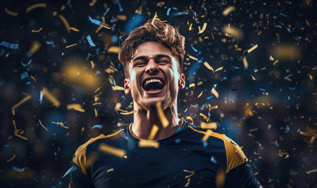 The Soccer player happily raised his hands upの素材