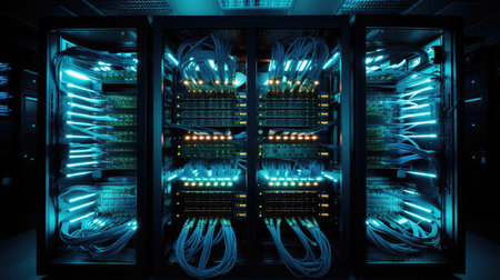 Server racks with equipment and wiresの素材