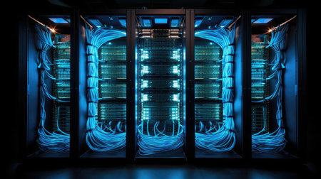 Server racks with equipment and wiresの素材