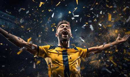 The Soccer player happily raised his hands upの素材
