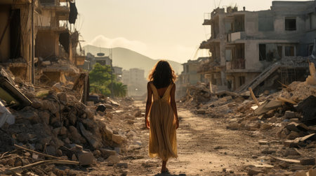 A woman walks through the ruins of the cityの素材