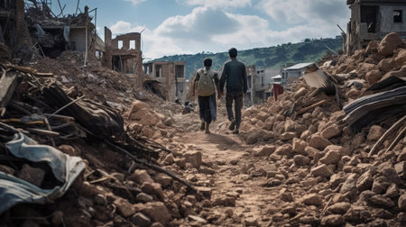 People on the street of a city destroyed by the elementsの素材