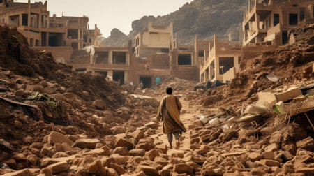 People on the street of a city destroyed by the elementsの素材