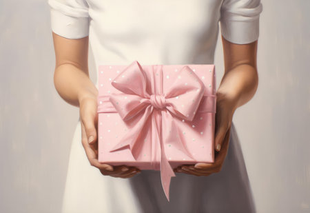 Young woman holding a gift box in her handsの素材
