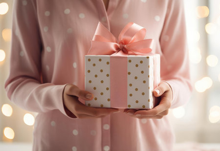 Young woman holding a gift box in her handsの素材