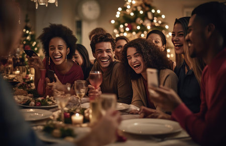 A group of friends at the festive Christmas tableの素材
