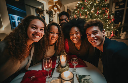 A group of friends at the festive Christmas tableの素材