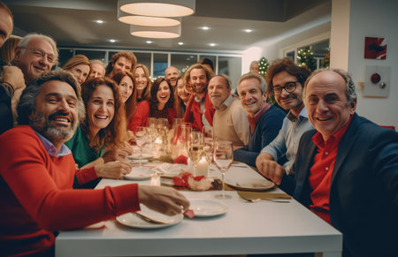 A group of friends at the festive Christmas tableの素材