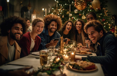 A group of friends at the festive Christmas tableの素材