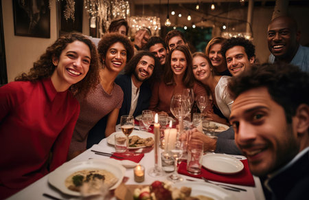 A group of friends at the festive Christmas tableの素材