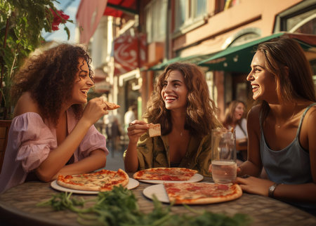 Beautiful women girlfriends in pizzeriaの素材