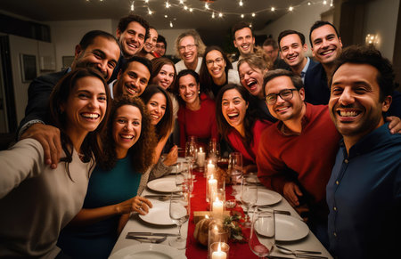 A group of friends at the festive Christmas tableの素材