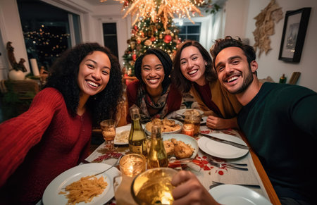 A group of friends at the festive Christmas tableの素材