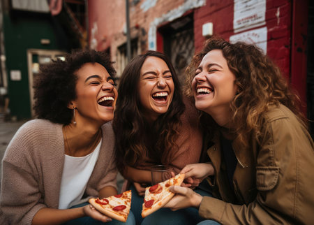 Beautiful women girlfriends in pizzeriaの素材