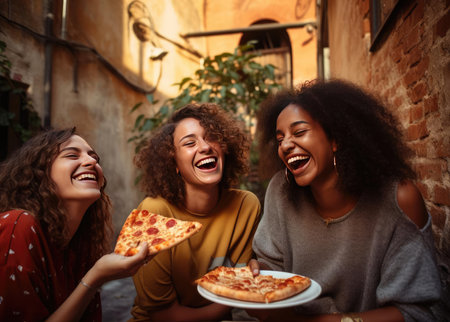 Beautiful women girlfriends in pizzeriaの素材