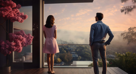 Young married couple near their homeの素材