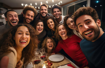 A group of friends at the festive Christmas tableの素材