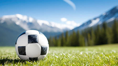 A soccer ball lies on the green grassの素材