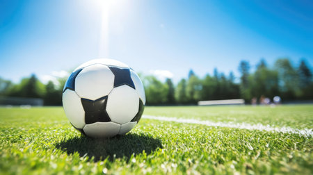 A soccer ball lies on the green grassの素材