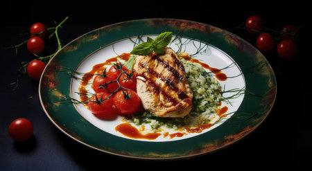 A dish of chicken pieces and tomatoの素材