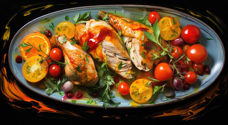 A dish of chicken pieces and tomatoの素材