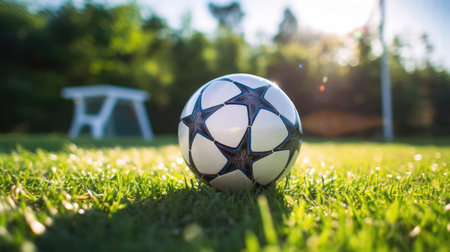 A soccer ball lies on the green grassの素材