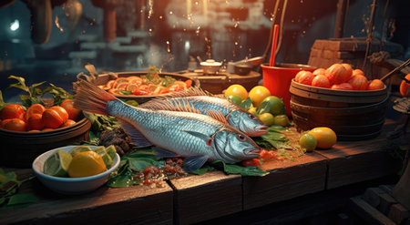 Fresh fish on the cooking tableの素材
