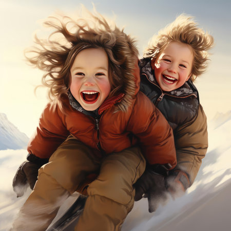 Children are sledding down the snowy slopeの素材