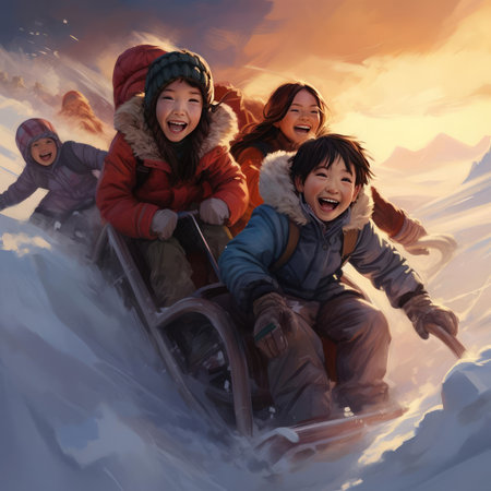 Children are sledding down the snowy slopeの素材