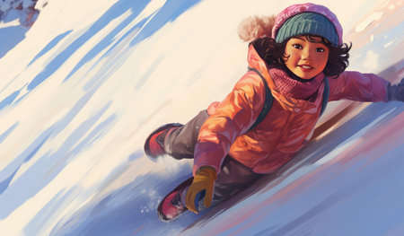Children are sledding down the snowy slopeの素材