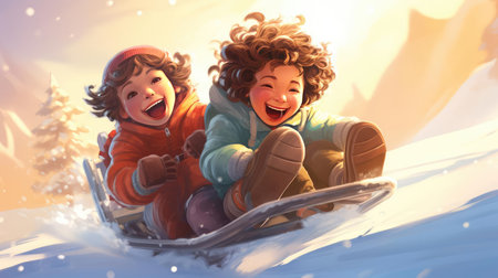 Children are sledding down the snowy slopeの素材