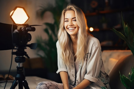 Joyful young woman bloggerの素材