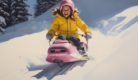 Children are sledding down the snowy slopeの素材