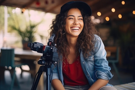 Joyful young woman bloggerの素材