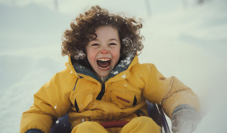 Children are sledding down the snowy slopeの素材