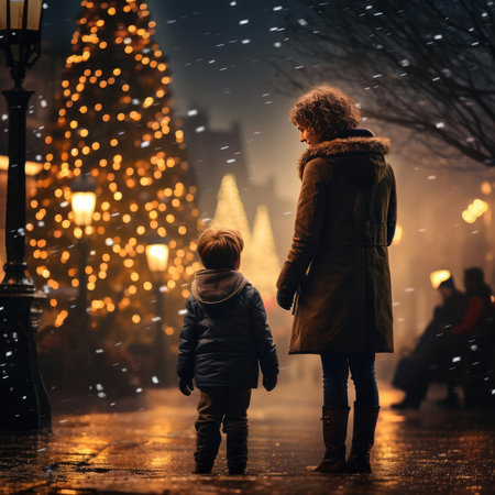 Family Christmas walk through the streetsの素材