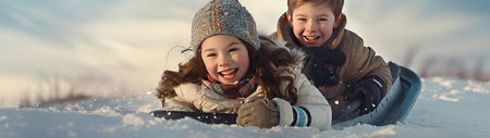 Children are sledding down the snowy slopeの素材