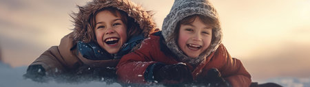 Children are sledding down the snowy slopeの素材