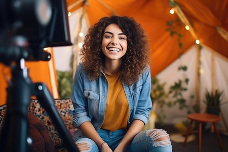 Joyful young woman bloggerの素材