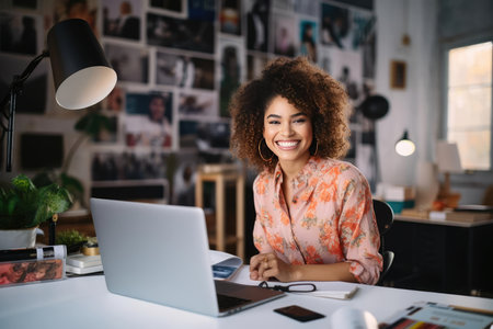 Joyful young woman bloggerの素材