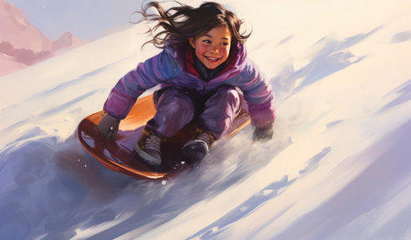 Children are sledding down the snowy slopeの素材
