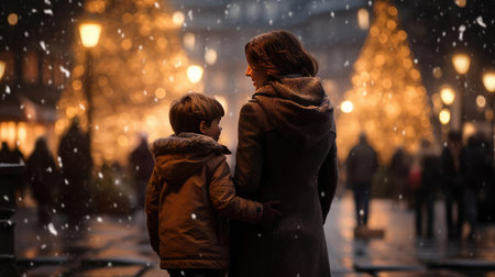 Family Christmas walk through the streetsの素材