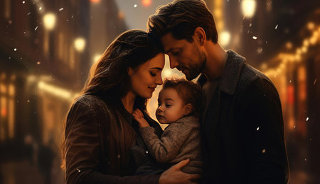 Family Christmas walk through the streetsの素材